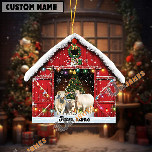 Uni Personalized Charolais Christmas Barn Ornament – Custom Farm Name 2025