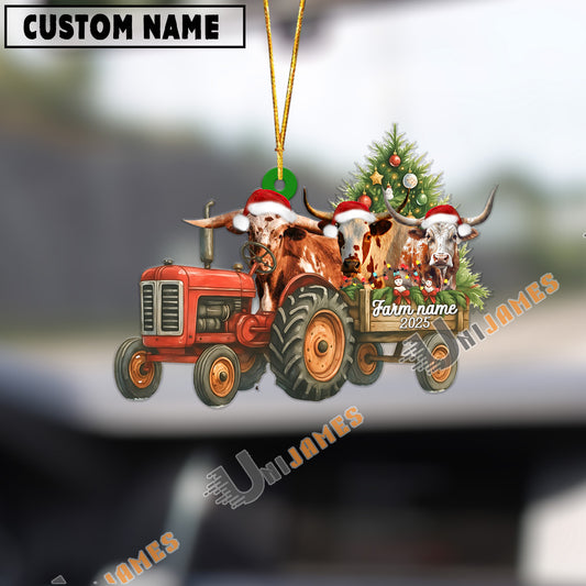 Uni Personalized Farm Tractor Christmas Ornament with Texas Long Horn & Tree Acrylic Ornament