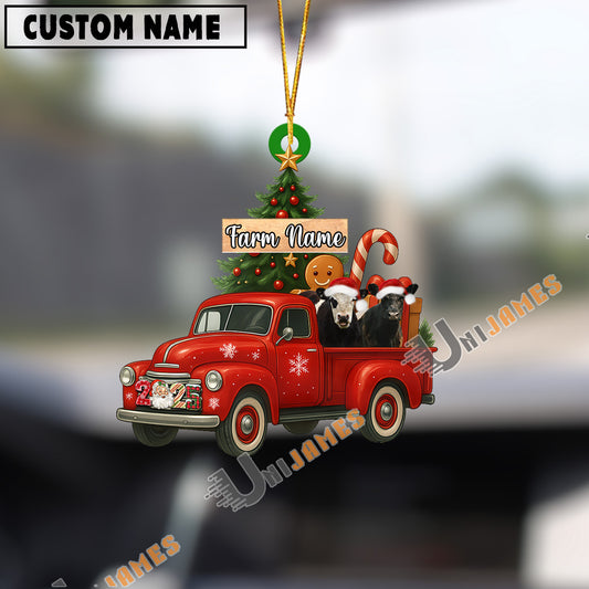 Uni Personalized Belted Galloway Ornament – Red Christmas Truck & Farm Name Custom Shape Acrylic Ornament