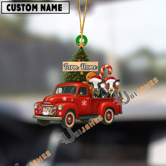 Uni Personalized Holstein Ornament – Red Christmas Truck & Farm Name Custom Shape Acrylic Ornament