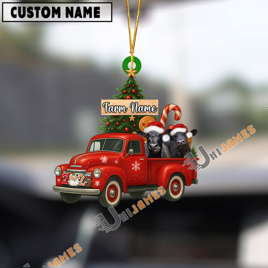 Uni Personalized Black Angus Ornament – Red Christmas Truck & Farm Name Custom Shape Acrylic Ornament