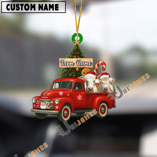 Uni Personalized Charolais Ornament – Red Christmas Truck & Farm Name Custom Shape Acrylic Ornament
