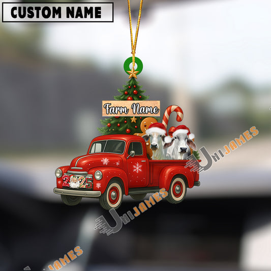 Uni Personalized Brahman Ornament – Red Christmas Truck & Farm Name Custom Shape Acrylic Ornament