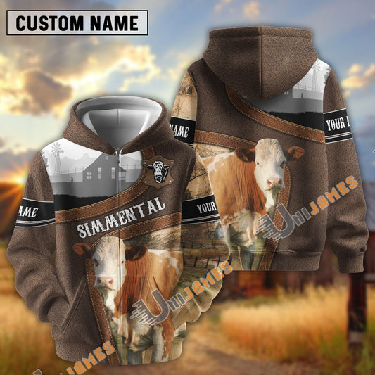 Uni Simmental Light Leather Pattern Personalized Name and Farm Name Color Mixed 3D Hoodie