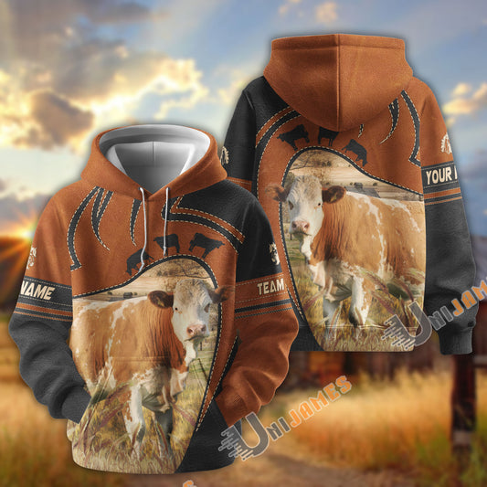 Uni Simmental Leather Pattern Custom Name, Farm Name 3D Hoodie