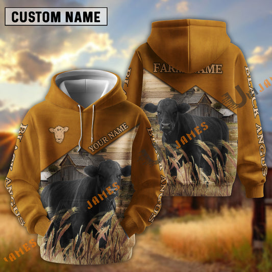 Uni Black Angus Yellow Leather Pattern Customized Name and Farm Name 3D Hoodie