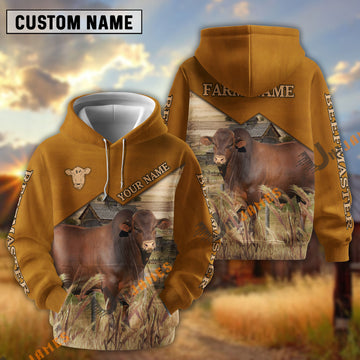 Uni Beefmaster Yellow Leather Pattern Customized Name and Farm Name 3D Hoodie