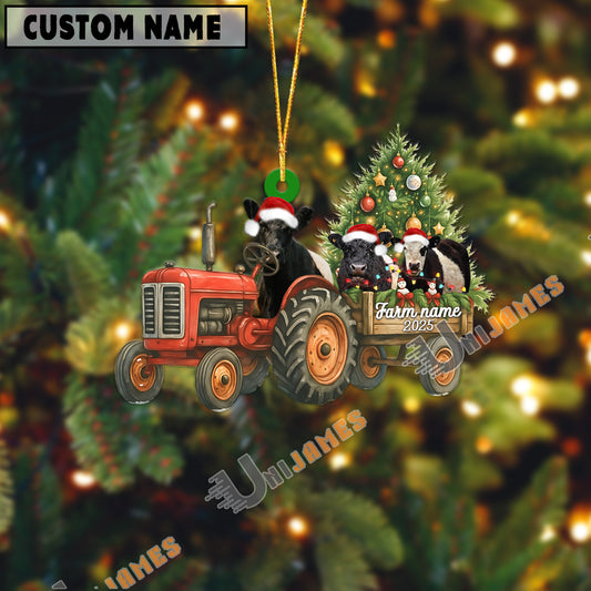 Uni Personalized Farm Tractor Christmas Ornament with Belted Galloway & Tree Acrylic Ornament