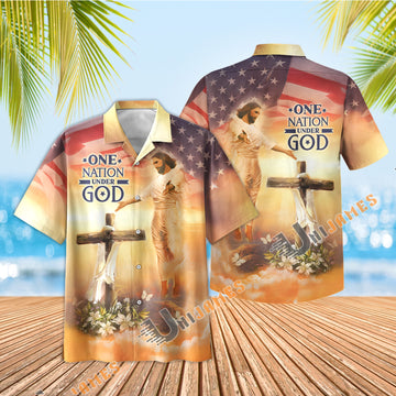 UniJames Jesus Open Arms Easter Cross One Nation Under God Hawaiian Shirts For Men & Women - Christian Hawaiian Shirt - Hawaiian Summer Shirts