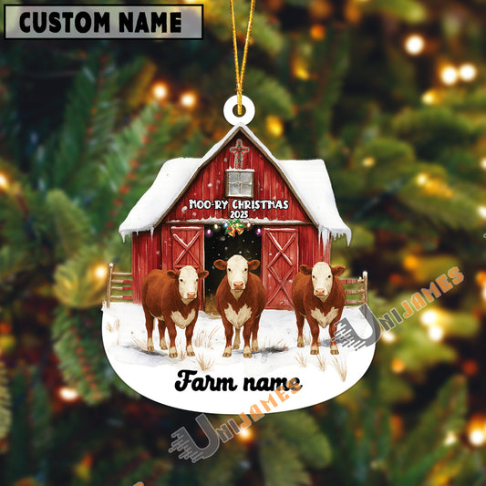Uni Personalized Hereford Moo-ry Christmas Barn Acrylic Ornament