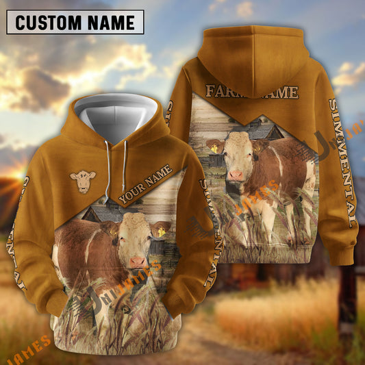 Uni Simmental Yellow Leather Pattern Customized Name and Farm Name 3D Hoodie