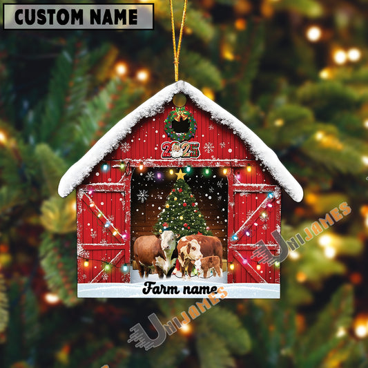 Uni Personalized Hereford Christmas Barn Ornament – Custom Farm Name 2025