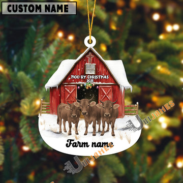 Uni Personalized Brown Swiss Moo-ry Christmas Barn Acrylic Ornament