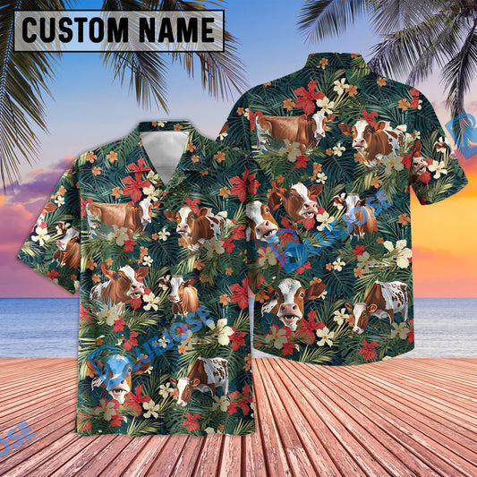 Uni Simmental Cattle Red Tropical Flowers Hawaiian Shirt