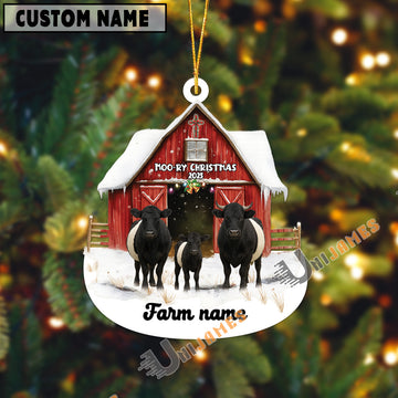 Uni Personalized Belted Galloway Moo-ry Christmas Barn Acrylic Ornament