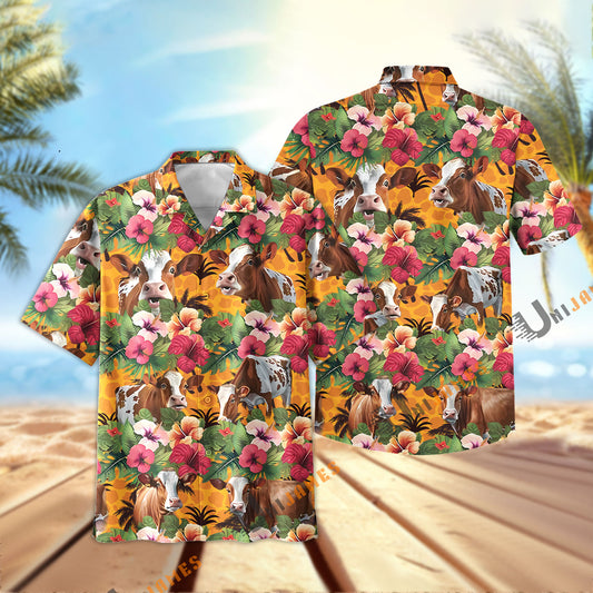 Uni Simmental Cattle 3D Hawaiian Flower Shirt