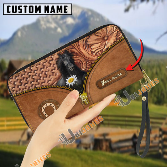 Uni Friesian Center Zip Pattern Custom Name 3D Leather Clutch