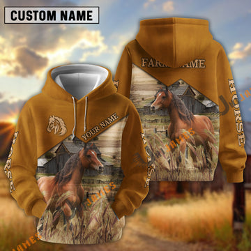 Uni Horse Yellow Leather Pattern Customized Name and Farm Name 3D Hoodie