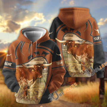 Uni Texas Longhorn Leather Pattern Custom Name, Farm Name 3D Hoodie