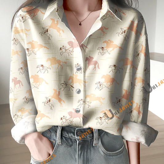 Unique Horse Racing Beige Pattern Casual Shirt