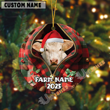 Uni Personalized Farm Name Merry Charolais Farm Plaid Ornament