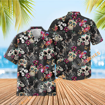 UniJames Black Dia De Los Muertos Sugar Skull Art Short Sleeve Hawaiian Shirt