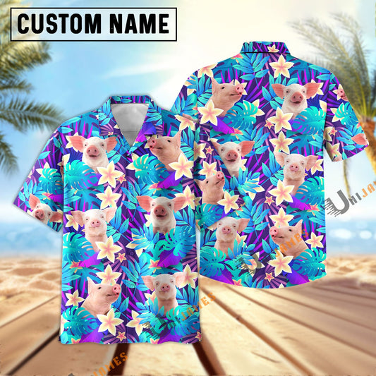 Uni Pig Light Blue Flowers 3D Hawaiian Shirt