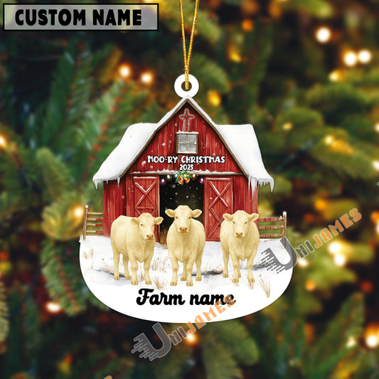 Uni Personalized Charolais Moo-ry Christmas Barn Acrylic Ornament