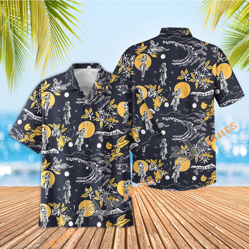 Uni Retro Hula Moon Navy Hawaiian Shirt Aloha Shirt Short Sleeve Shirt Vacation Hawaiian Outdoor Vacation Hawaiian Shirt