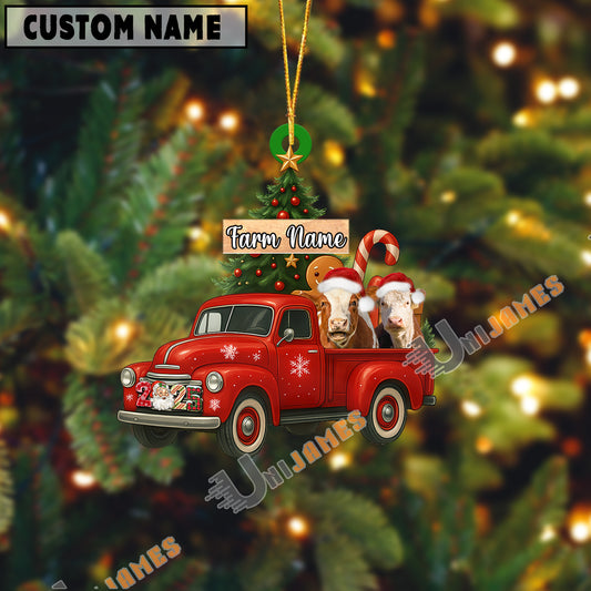 Uni Personalized Hereford Ornament – Red Christmas Truck & Farm Name Custom Shape Acrylic Ornament