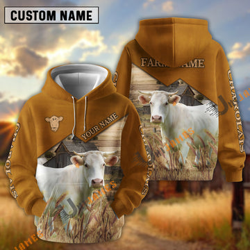 Uni Charolais Yellow Leather Pattern Customized Name and Farm Name 3D Hoodie