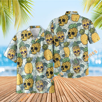 UniJames Yellow Quirky Pineapple Skull Tropical Fun Hawaiian Shirt