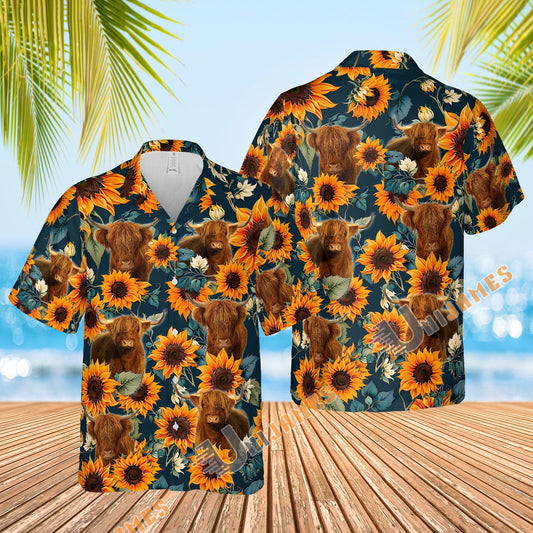 Uni Highland Sunflowers Blue 3D Hawaiian Shirt