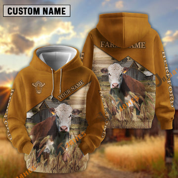 Uni Hereford Yellow Leather Pattern Customized Name and Farm Name 3D Hoodie