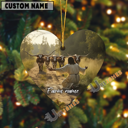 Uni Personalized Jesus and Texas Long Horn – Faithful Farm Acrylic Ornament