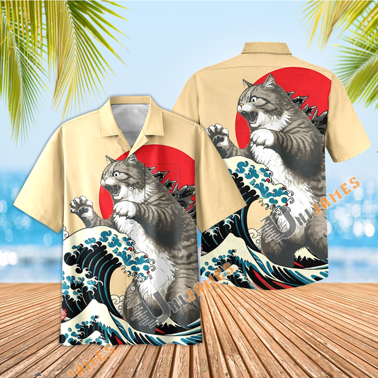 UniJames Gray Cat Ukiyo-e Wave Godzilla Style Short Sleeve Aloha Shirt