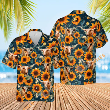 Uni Texas Longhorn Sunflowers Blue 3D Hawaiian Shirt