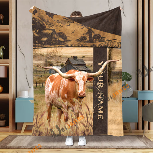 Uni Personalized Name Texas Longhorn Peaceful Farm 3D Blanket