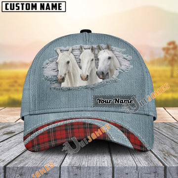 Uni White Horse Red Caro And Jeans Pattern Customized Name Cap