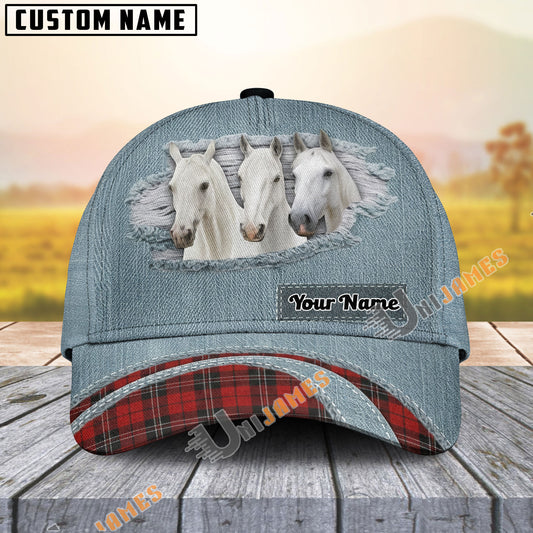 Uni White Horse Red Caro And Jeans Pattern Customized Name Cap