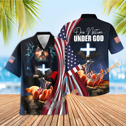 UniJames Jesus One Nation Under God Hawaiian Shirt Clothing American Flag Christian Mens Clothing - Christian Hawaiian Shirt for Men Women