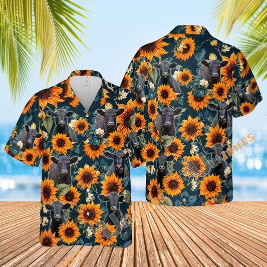 Uni Black Angus Sunflowers Blue 3D Hawaiian Shirt