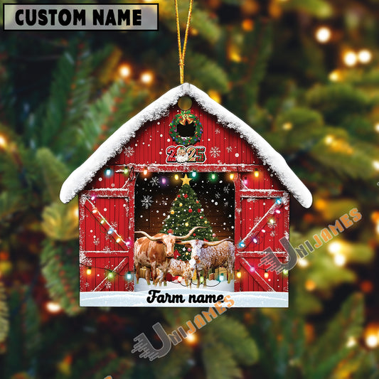 Uni Personalized Texas Long Horn Christmas Barn Ornament – Custom Farm Name 2025