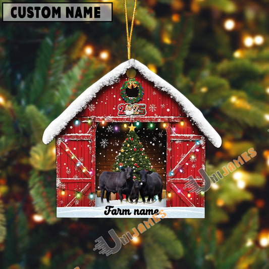 Uni Personalized Black Angus Christmas Barn Ornament – Custom Farm Name 2025