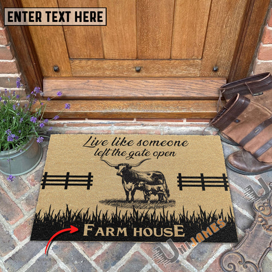 Uni Texas Longhorn Custom Farm Name Live Like Someone Left The Gate Open Coir Doormat