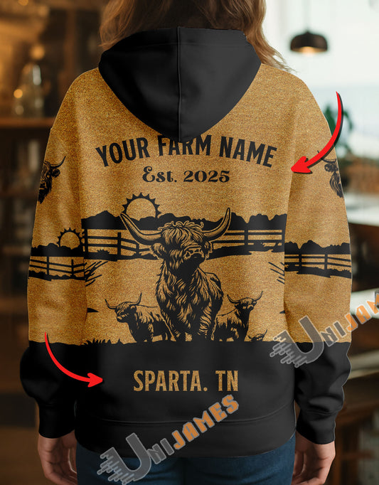 Uni Personalized Coir Pattern Name & Farm Name Cattle Hoodie