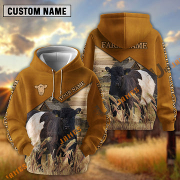 Uni Belted Gallowayl Yellow Leather Pattern Customized Name and Farm Name 3D Hoodie