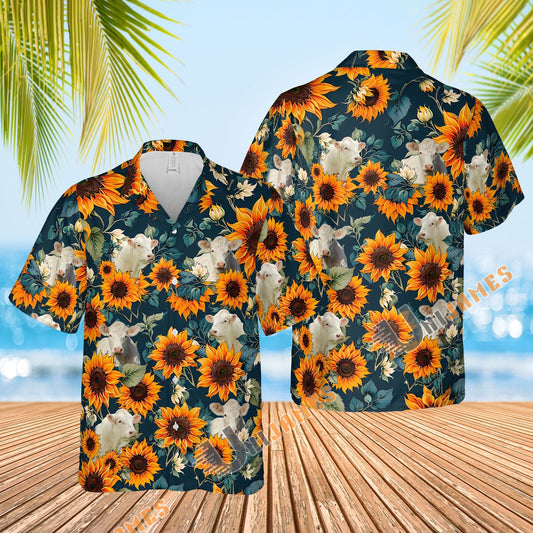 Uni Charolais Sunflowers Blue 3D Hawaiian Shirt