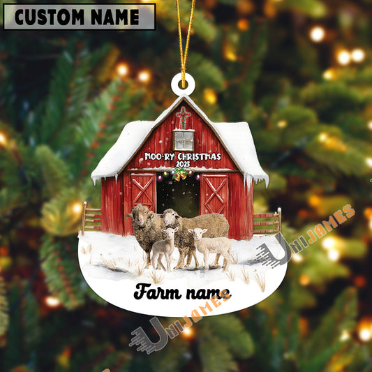Uni Personalized Sheep Moo-ry Christmas Barn Acrylic Ornament
