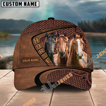 Uni Three Horses Carving Leather Pattern Personalized Name Cap